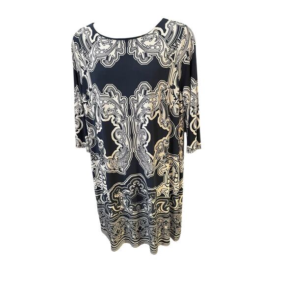 INC Plus Size 3X Navy & White Scroll Print Dress – Boat Neck, 3/4 Sleeve - Picture 3 of 6